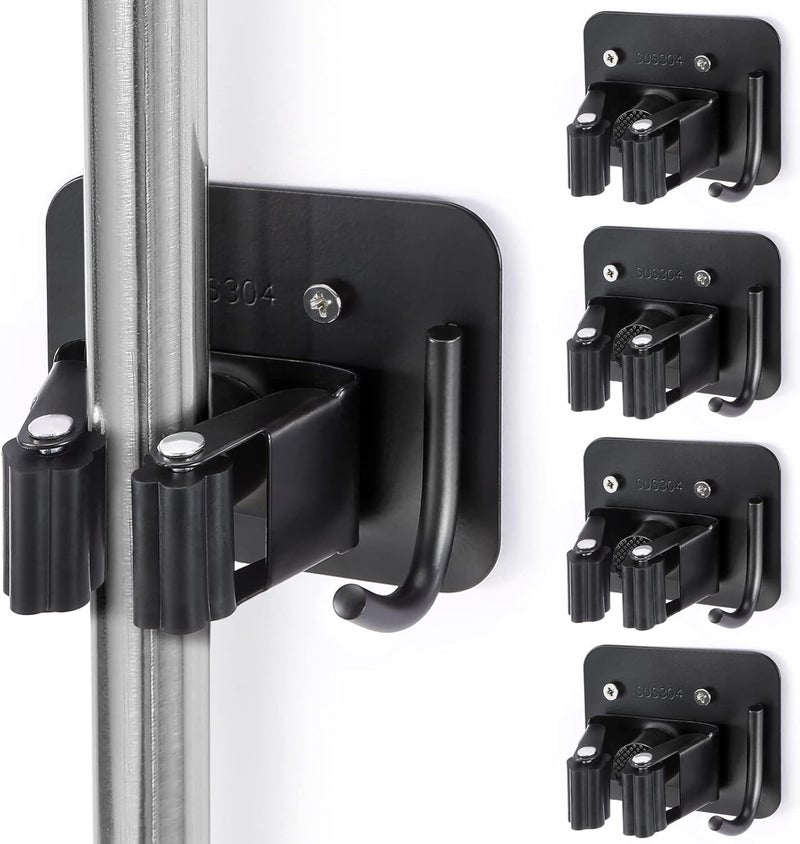 YUWANTING Stainless Steel Broom Holder, Heavy Duty, Rust Resistant, 4 Gripper Positions with 4 Hooks, Black - Image 1